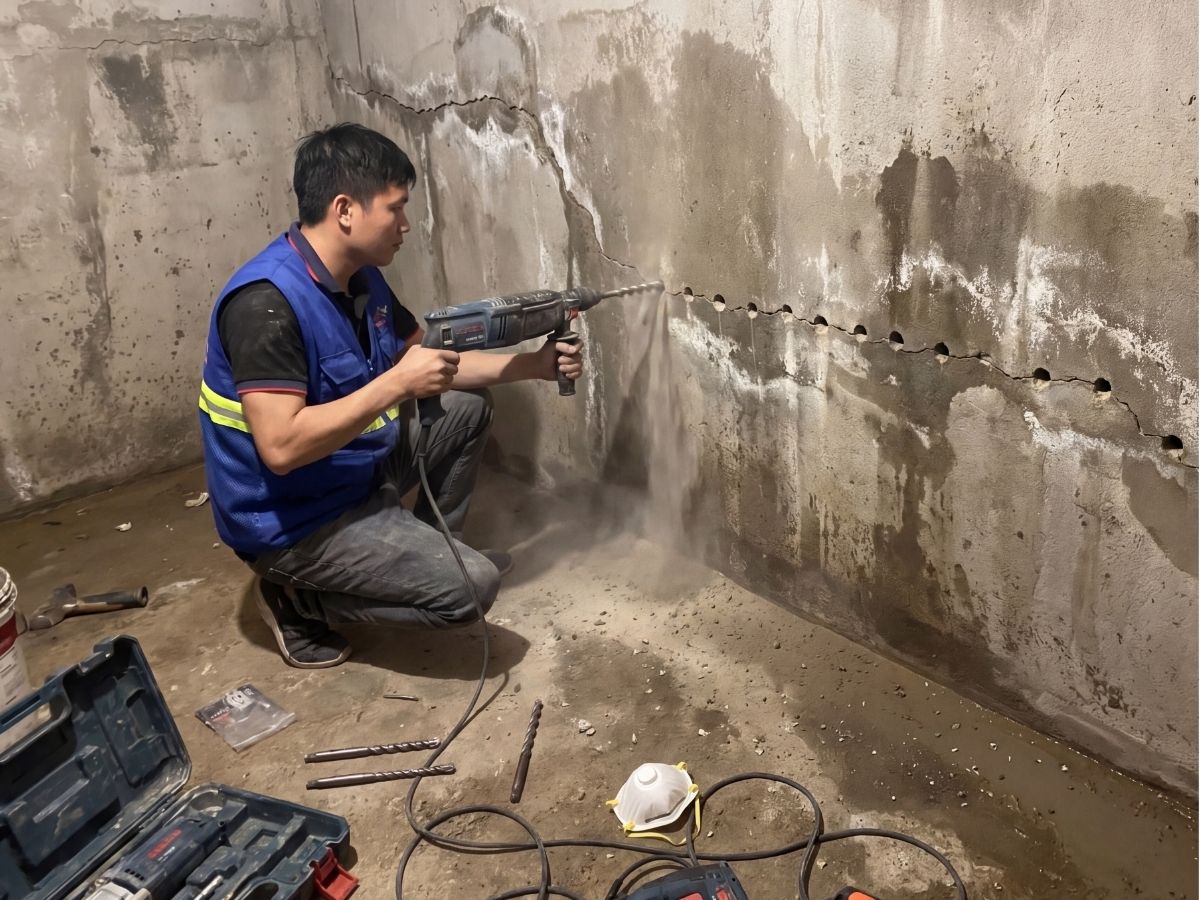 Khoan lỗ để bơm keo áp lực