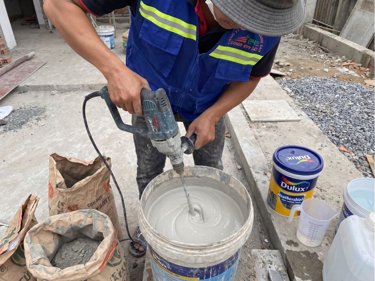 Pha trộn hỗn hợp sơn chống thấm Dulux và xi măng