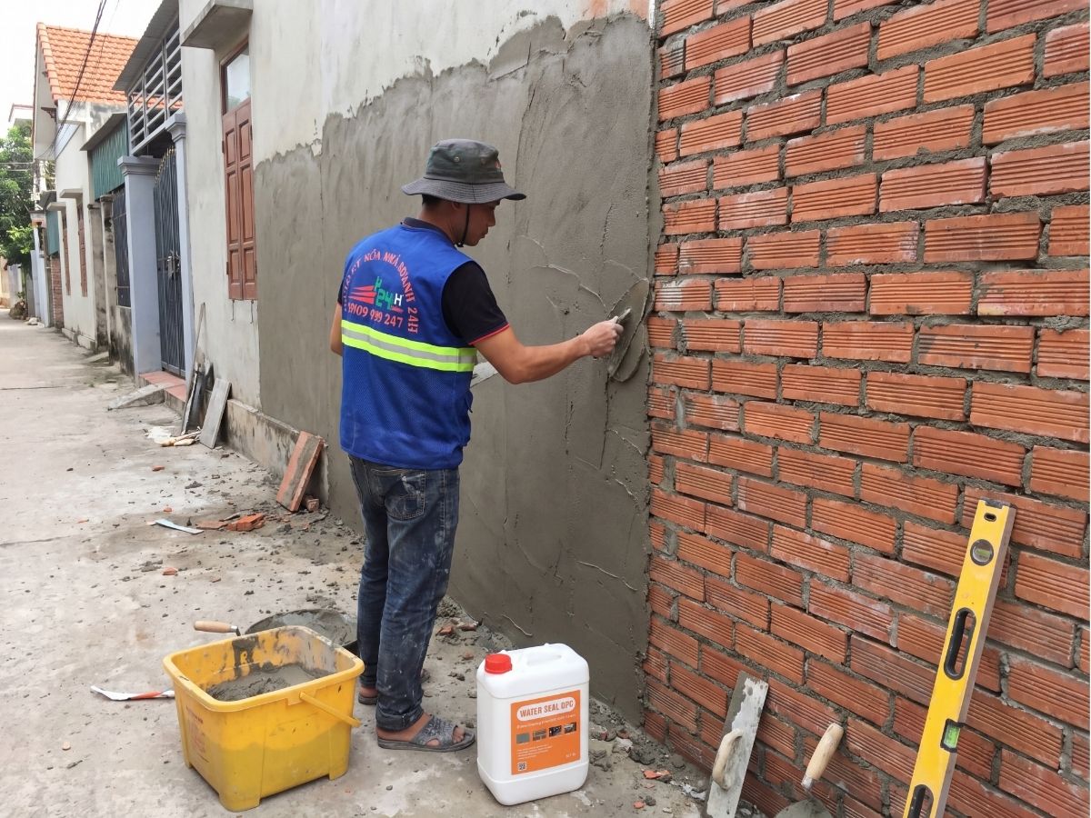 Quét hỗn hợp vữa chống thấm pha xi măng